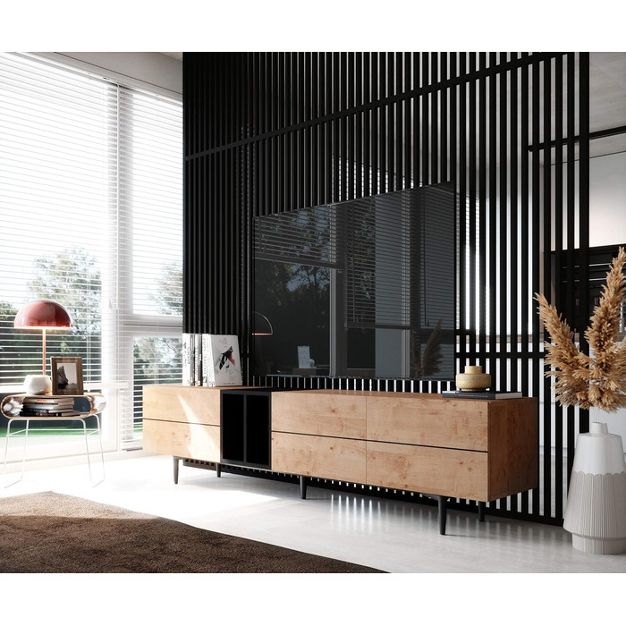 ТВ тумба Newfurn чорна дика дуба, вінтаж індастріал, 195x48x37 см, тумба під телевізор у вітальню