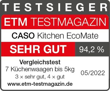 Кухонні ваги CASO Design Kitchen EcoMate: без батарейок, до 5 кг з кроком 1 г, тестування Haus & Garten Test