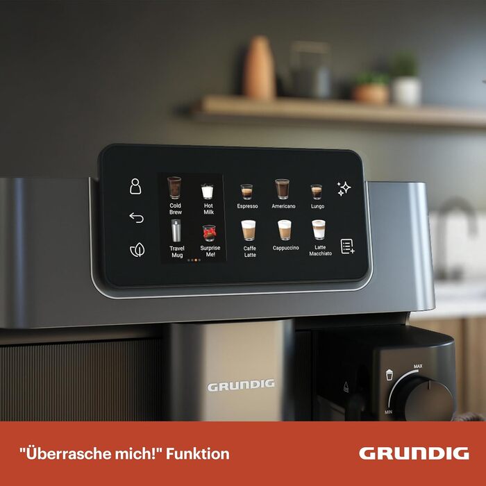 Кавомашина автоматична Grundig KVA 8230, 19 бар, сталева кавомолка, капучинатор, підігрів чашок, чорний/сріблястий