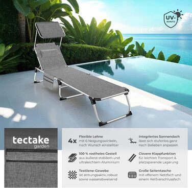 Шезлонг Tectake® з дахом, балконний шезлонг з алюмінію, складаний садовий шезлонг, стійкий до погодних умов, лежак для саду, кемпінгу та пляжу, регульована спинка, подушка для голови, бічна кишеня - сірий меланж
