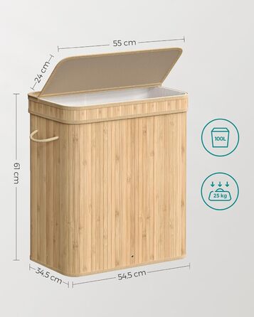 Кошик для білизни SONGMICS з кришкою, 100 л, бамбук, знімний мішок, ручки, натуральний бежевий