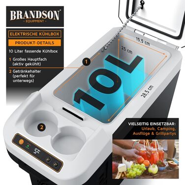 Електричний автохолодильник Brandson 10L (230V/12V) з функцією охолодження та підігріву до 65°C, Cool Grey Schwarz