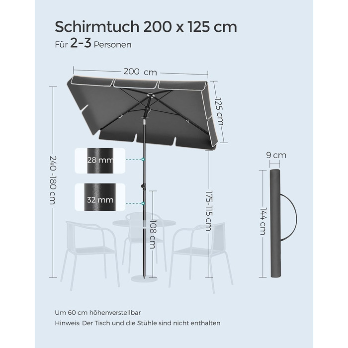 Сонячна парасоля SONGMICS 200x125 см, UPF 50+, регульована висота, двосторонній нахил 30°, для балкона, саду, з чохлом, без підставки, сіра