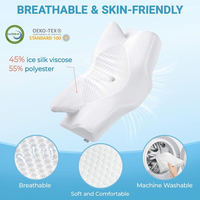 Подушка Elviros з піни Memory Foam для сну на боку, ортопедична для шиї та плечей, сіра 64x12.5/10.5x38 см
