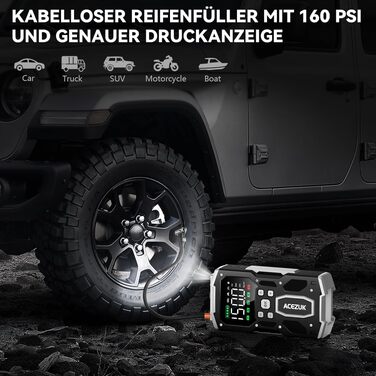 Бустер-стартер ACEZUK 9000A з компресором 160 PSI, пусковий пристрій для автомобіля, SUV та мотоцикла 12V (бензин/дизель), чорний
