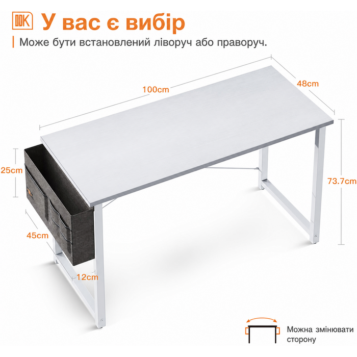 Комп'ютерний стіл ODK білий 100×48×74 см з підставкою для навушників і кишенею, дерев'яний письмовий стіл для домашнього офісу
