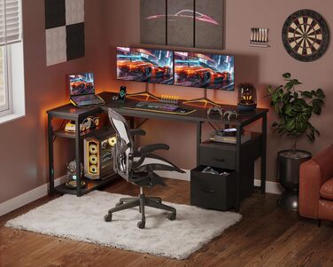 Кутовий письмовий стіл Coleshome з 2 шухлядами та полицею 140x80 см, з розеткою, чорний. Ігровий стіл для дому та офісу
