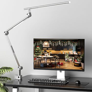 Настільна лампа VERSKI LED 18W, диммована, з подвійним джерелом світла, для домашнього офісу, зі світлодіодами, кліпсою, захистом очей, регулюванням яскравості та 5 кольоровими температурами, срібляста