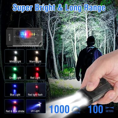 Ліхтарик BORUIT V10 LED, 1000 лм, міні, на ключі, з УФ 365нм, магнітом, 14 режимів, IPX4, водонепроникний, чорний, акумуляторний