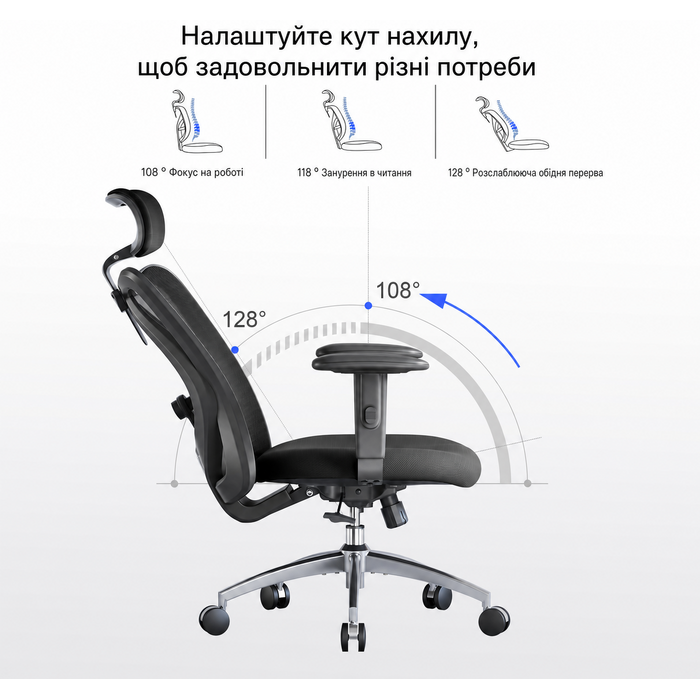 Ергономічне офісне крісло SIHOO ‎‎M18-M148 регульована поперекова підтримка, підголівник і підлокітник, вантажопідйомність до 150 кг