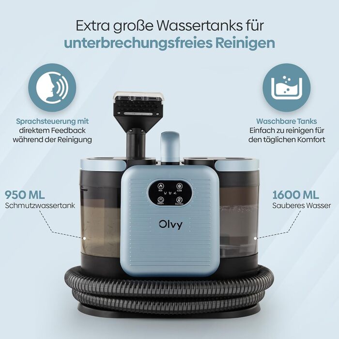 Olvy Teppichreiniger PRO: професійний пароочисник для килимів та м'яких меблів, 1650W. Включає миючий засіб. Підходить для чищення диванів, матраців та оббивки.