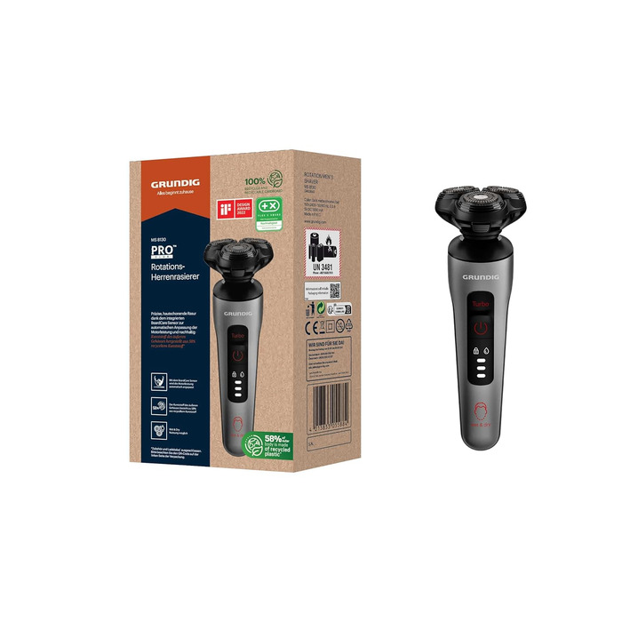 Електробритва Grundig ProClub MS 8130 для чоловіків, сенсор BeardCare, титанові леза, вологе та сухе гоління, корпус з 61% переробленого пластику, чорний/червоний/титан