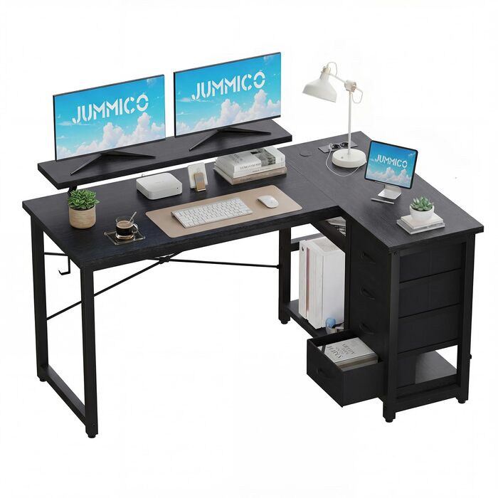 Кутовий комп'ютерний стіл L-подібний JUMMICO з 4 ящиками, розетками та USB, 140x80 см, чорний