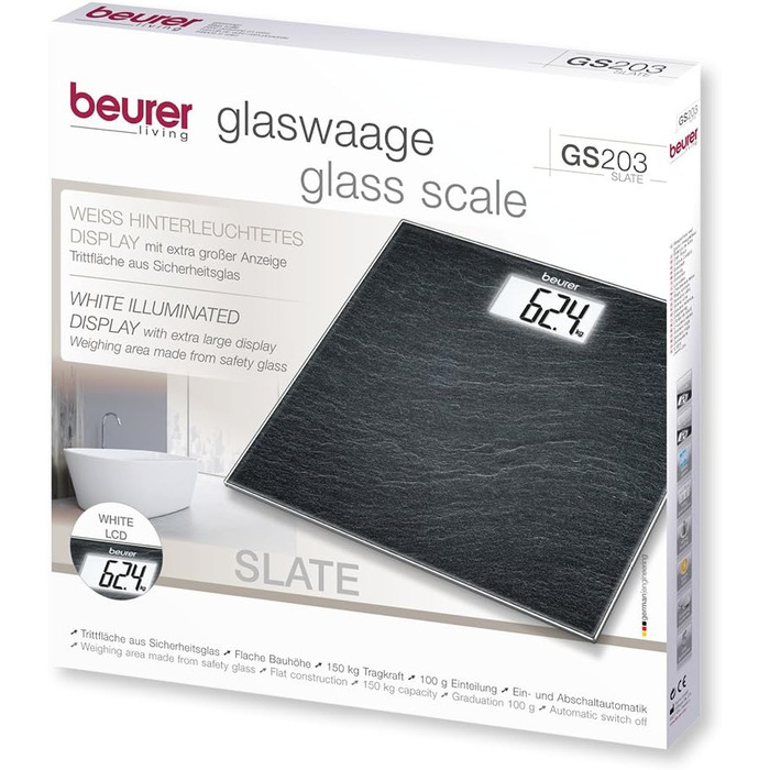 Ваги підлогові Beurer GS 203 Slate, скло, дизайн під сланець, великий LCD-дисплей, вантажопідйомність 150 кг