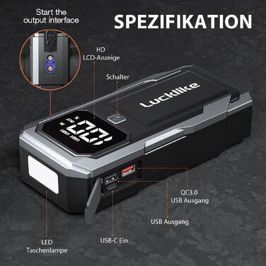 Бустер акумулятора Lucklike 5000A: Потужний пусковий пристрій (Powerbank) для авто (до 10.0л бензин / 8.0л дизель), 12V літієвий пускач з LED-ліхтарем, сріблястий