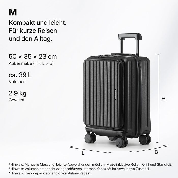Валіза для подорожей Münicase M 50 см, чорна, з відділенням для ноутбука та TSA-замком