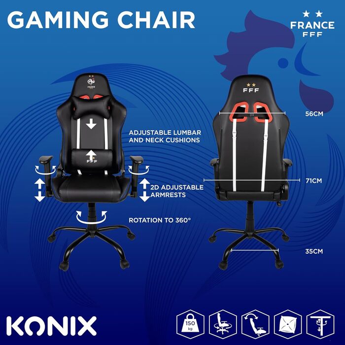 Ігрове крісло Konix FFF Premium, 150° нахил, екошкіра, регульована поперекова та шийна подушка, підголівник, чорне/біле