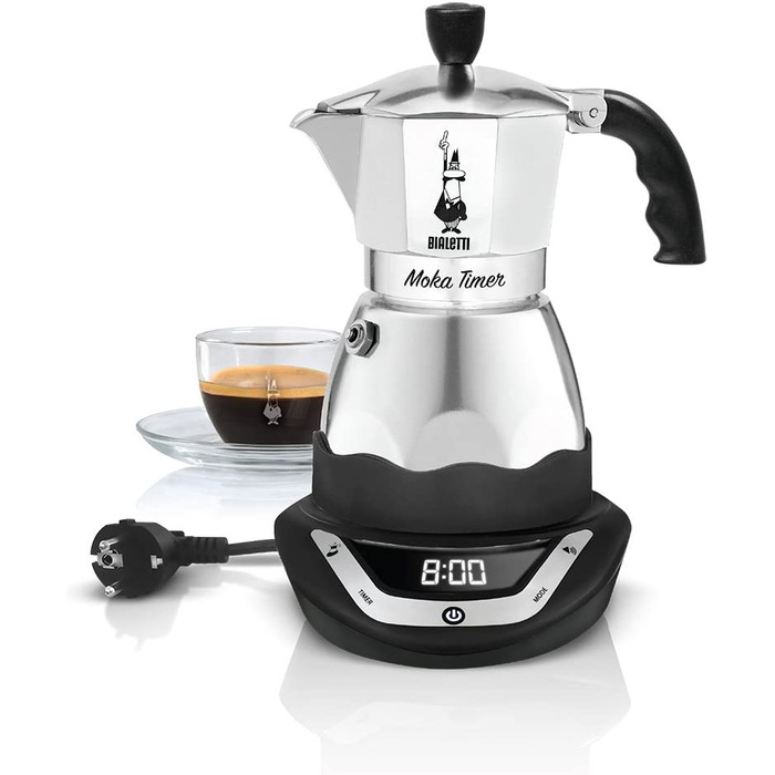 Електрична кавоварка Bialetti Moka з таймером, 6 чашок, 365 Вт, сріблясто-чорна