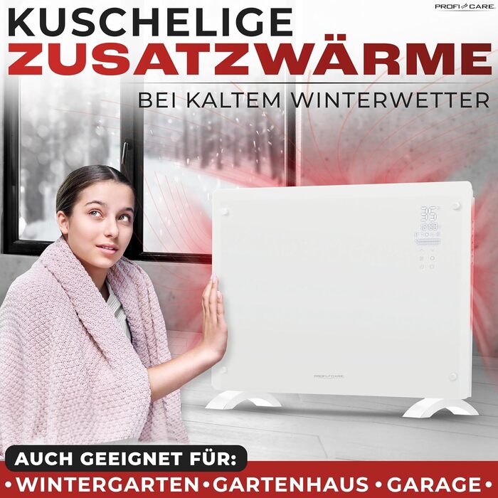 Електричний конвектор ProfiCare PC-GKH 3118 зі скляною панеллю та X-подібним нагрівальним елементом, мобільний обігрівач з можливістю настінного монтажу, 2 режими потужності, безшумний, білий