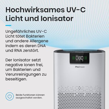 Очищувач повітря Pro Breeze з HEPA 13, UV-C лампою, іонізатором та вугільним фільтром, CADR 460 м³/год, для великих приміщень до 140 м², до 99,95% очищення