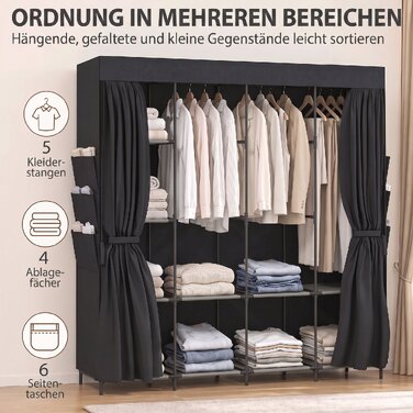 Тканинна шафа для одягу, пилозахисна, портативна, 5 штанги, 170 x 45 x 167 см, чорна