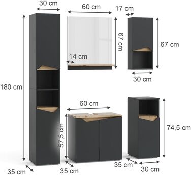 Підвісна шафка Vicco Marelle для ванної, антрацит, 30x67 см, з дверцятами та відкритою полицею