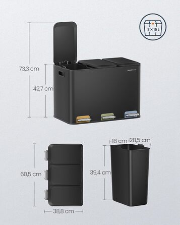 Сортувальний смітник SONGMICS HOME для кухні, 3×15 л, з кришками, кольоровими педалями та внутрішніми контейнерами, чорний сталь
