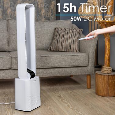 Вентилятор без лопатей Zilan Turmventilator з пультом ДУ, 12 режимів, BLDC мотор, 45° осциляція, таймер 15 год, LED дисплей, енергозберігаючий, білий