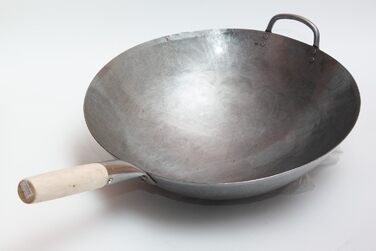 Велика важка ручна сковорода-вок із вуглецевої сталі Craft Wok 40 см з дерев'яною та сталевою ручкою, кругле дно