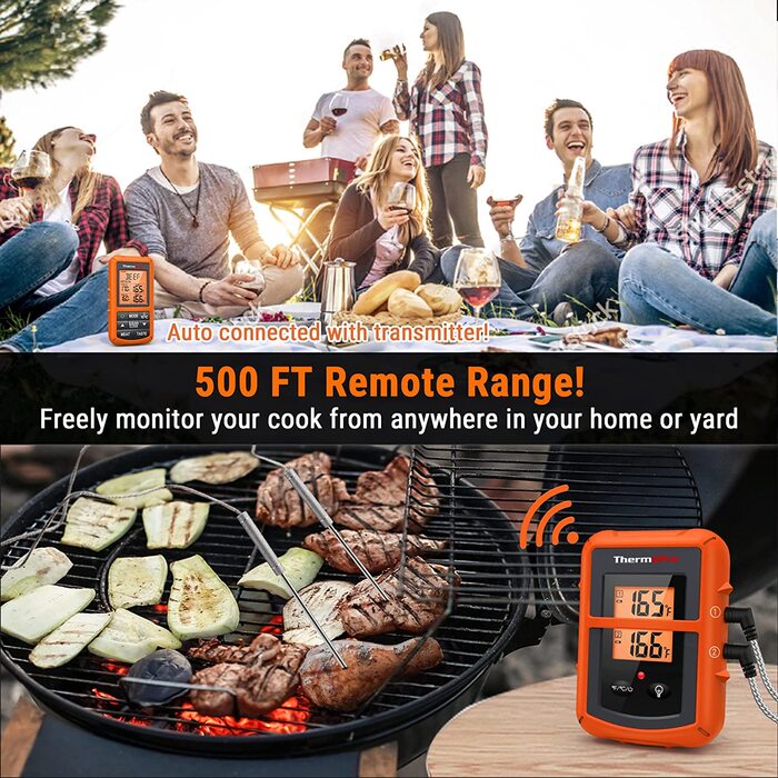 ThermoPro TP20 Цифровий термометр для м'яса з радіусом дії 150 м. Бездротовий термометр для гриля, духовки та барбекю з 2 датчиками температури. Orange