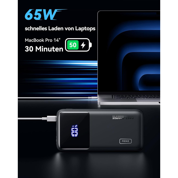 Power Bank INIU 20000mAh 65W: зарядний пристрій для телефону та ноутбука. USB-C, сумісний з MacBook, iPad, iPhone, Steam Deck. Чорний