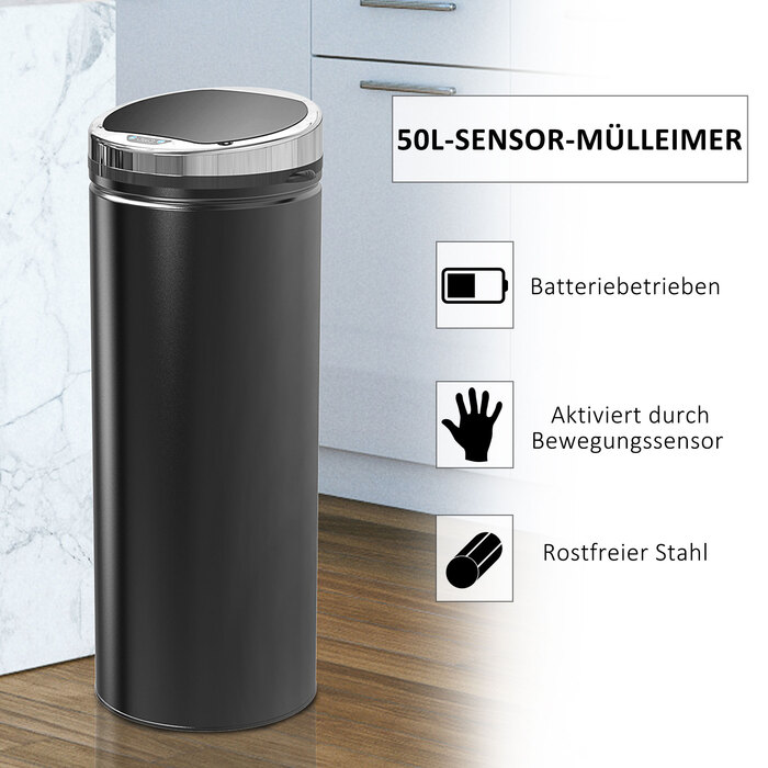 Автоматичний відро для сміття HOMCOM Sensor 50 л, кухонне відро з нержавіючої сталі, інфрачервоний датчик, чорний, нержавіюча сталь