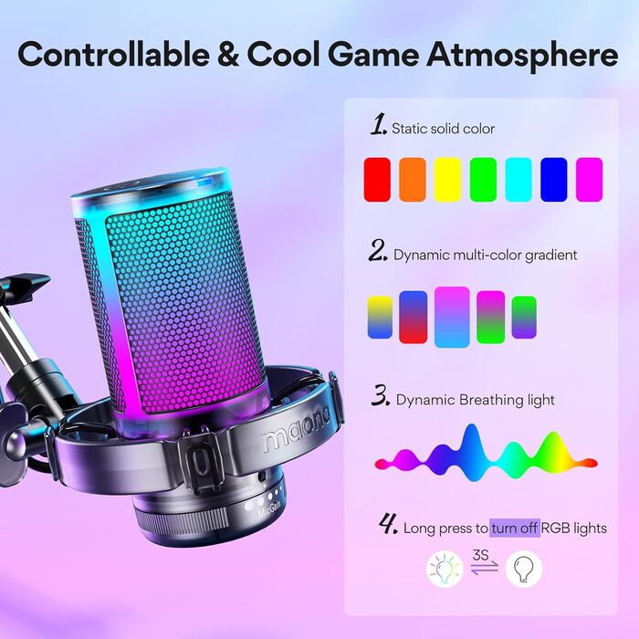 MAONO ігровий USB конденсаторний мікрофон з шумозаглушенням, RGB підсвічуванням для стрімінгу, подкастів, YouTube, Discord, Plug and Play, для ПК, Mac, PS4, PS5, DGM20S Black Crystal