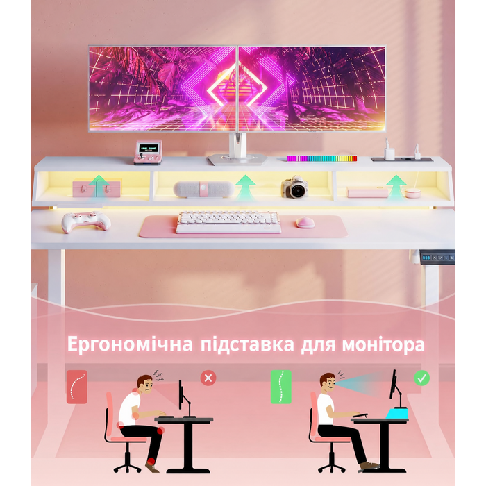 Офісний стіл для геймінгу OffiGo, 140 см, регульована висота, RGB LED, розетки, 3 полиці, тримач для напоїв та навушників, поверхня з карбону, білий колір