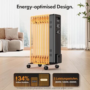 Масляний обігрівач VonHaus 2500W, електричний радіатор з термостатом, 3 режимами нагріву та таймером на 24 години, 9 секцій (Чорний)
