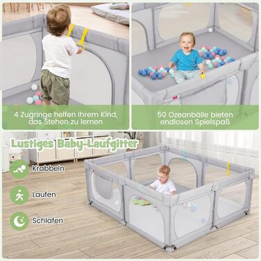 Манеж для немовлят COSTWAY 189x158 см з 50 кульками, 4 кільцями, 4 дверцятами на блискавці, дихаюча сітка, без матраца, світло-сірий