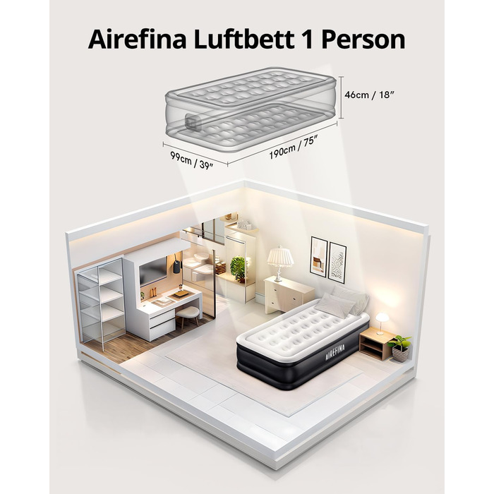 Надувний матрац Airefina Luftbett 1-місний з вбудованим насосом, 99x190x46 см, до 295 кг, з сумкою для транспортування - самонадувний гостьовий матрац