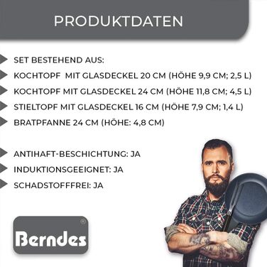 Набір каструль Berndes Balance Enduro 7 предметів, індукційні, з антипригарним покриттям і скляними кришками