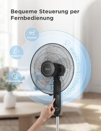 Вентилятор підлоговий Midea FS40-15FR з пультом, 3 режими, LED дисплей, таймер, регульована висота, чорний