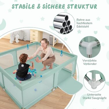 Дитячий манеж DREAMADE 200x180 см з 50 м'ячиками та 4 ручками, складаний, з дихаючим мережем, для дітей 0-36 місяців (зелений)