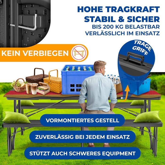 Стол KESSER® для пікніка, кемпінгу та саду, розкладний, 183x76 см, на 6 осіб, з чохлом та ручкою, антрацит