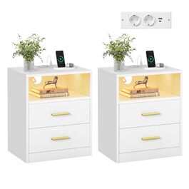 VASAGLE Custos: Набір з 2 тумбочок з LED-підсвіткою та зарядкою, білий, з шухлядами та USB-портами