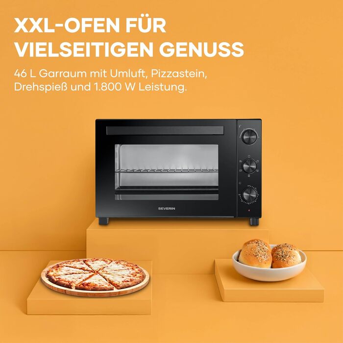 Електрична піч-тостер Severin TO 9025 з конвекцією та вертелом для м'яса, 46 л, 1800 Вт, чорна
