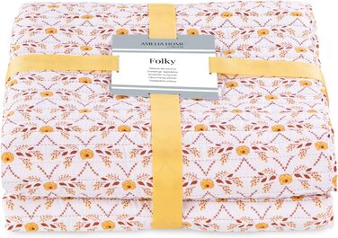 Покривало AmeliaHome Folky 240x260 см, двостороннє, легке у догляді, стьобане, з фольклорним рослинним візерунком, жовто-біло-оранжеве