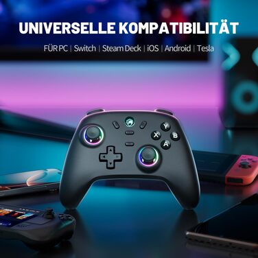 Ігровий бездротовий контролер ECHTPower для PC, Switch, Steam Deck, Android, iOS — RGB-підсвітка, Hall-джойстики, Turbo, вібрація, акумулятор 800mAh, чорний