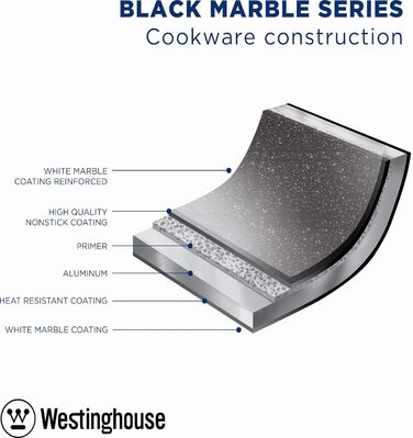 Каструля Westinghouse 28 см з кришкою, 3-шарове мармурове антипригарне покриття, алюмінієва, силіконові ручки під дерево, для посудомийної машини, чорна