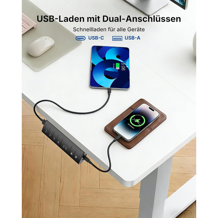 Регульований по висоті офісний стіл HUANUO 160x80 см з USB-C/USB-A, білий. Пам'ять на 4 положення, кабель-менеджмент