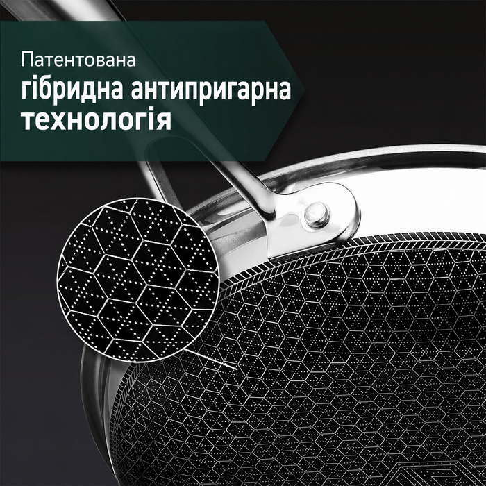 Сковорода HexClad гібридна антипригарна 20 см, індукційна, з холодною ручкою, для всіх плит, придатна для духовки та посудомийки