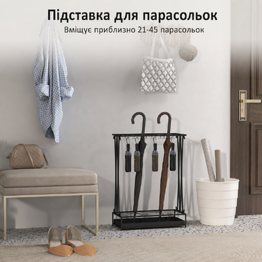 Підставка для парасольок HOMCOM Сталева підставка для парасольок Прямокутний тримач для парасольки з 24 гачками, 21 отвором, знімний піддон для крапель води для палиць і парасольок 50 x 24 x 68 см Чорний
