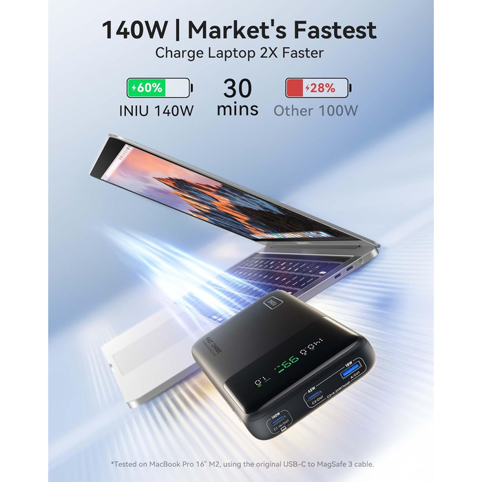 Power Bank INIU 140W, 25000mAh, USB-C, Швидка зарядка PD/QC, для ноутбука, iPhone, компактний, чорний